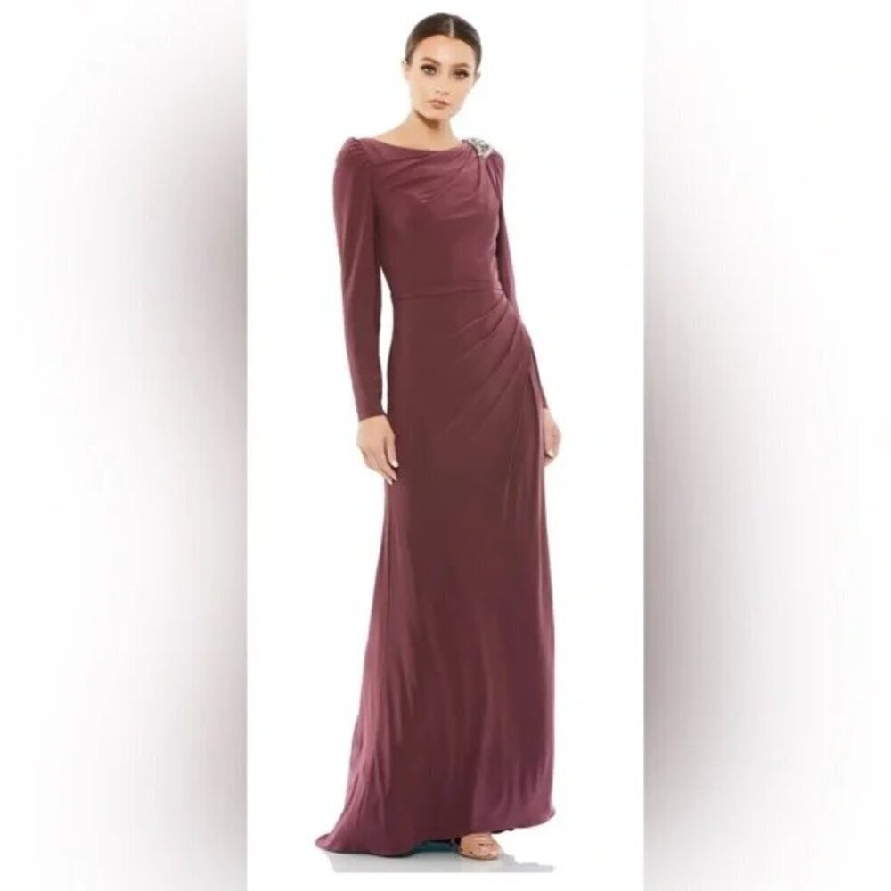 MAC DUGGAL Shoulder Brooch Boat Neck Jersey Maxi Gown Dark Mauve Size 12 NWT